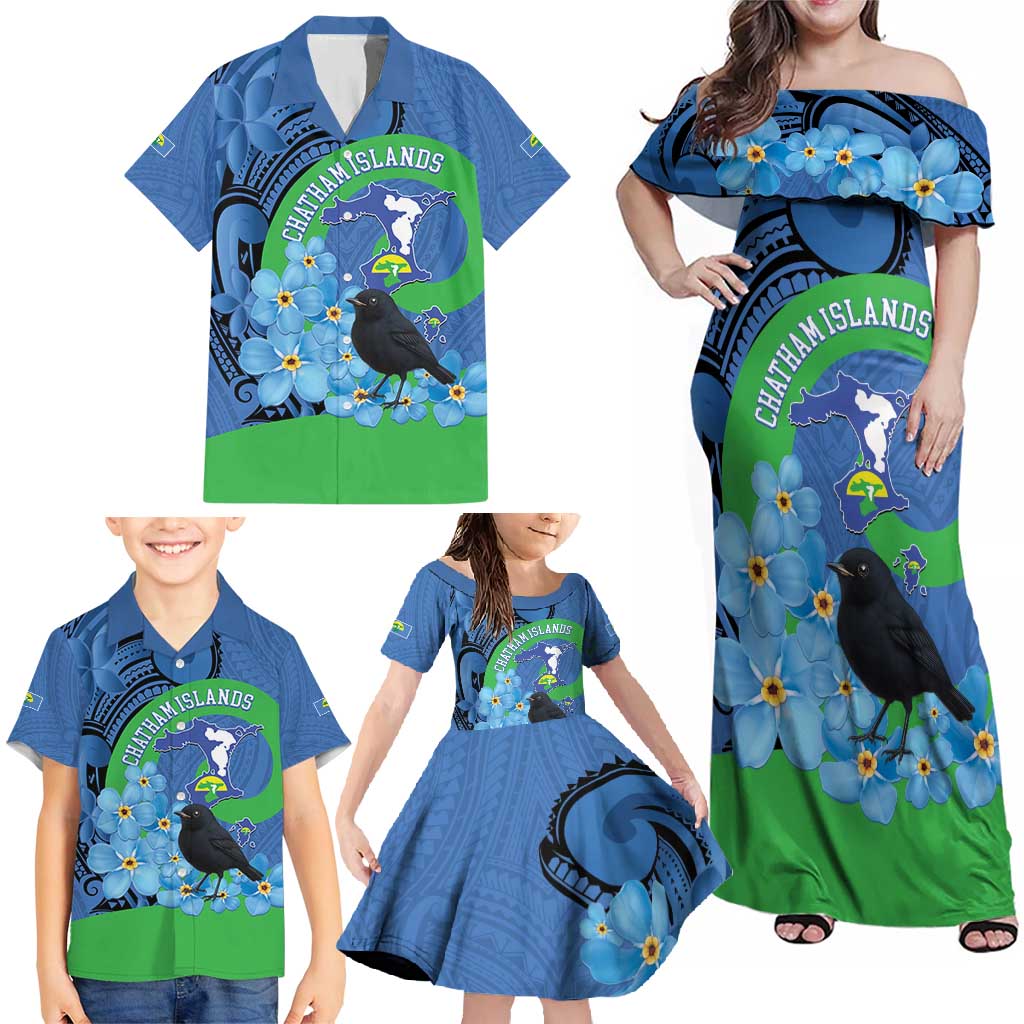 New Zealand Chatham Islands Family Matching Off Shoulder Maxi Dress and Hawaiian Shirt Wharekauri Forget Me Not With Black Robin