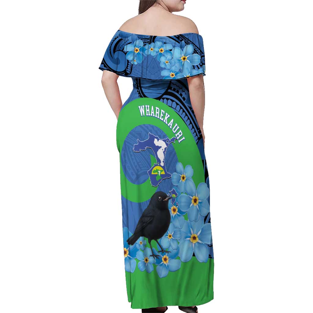 New Zealand Chatham Islands Family Matching Off Shoulder Maxi Dress and Hawaiian Shirt Wharekauri Forget Me Not With Black Robin