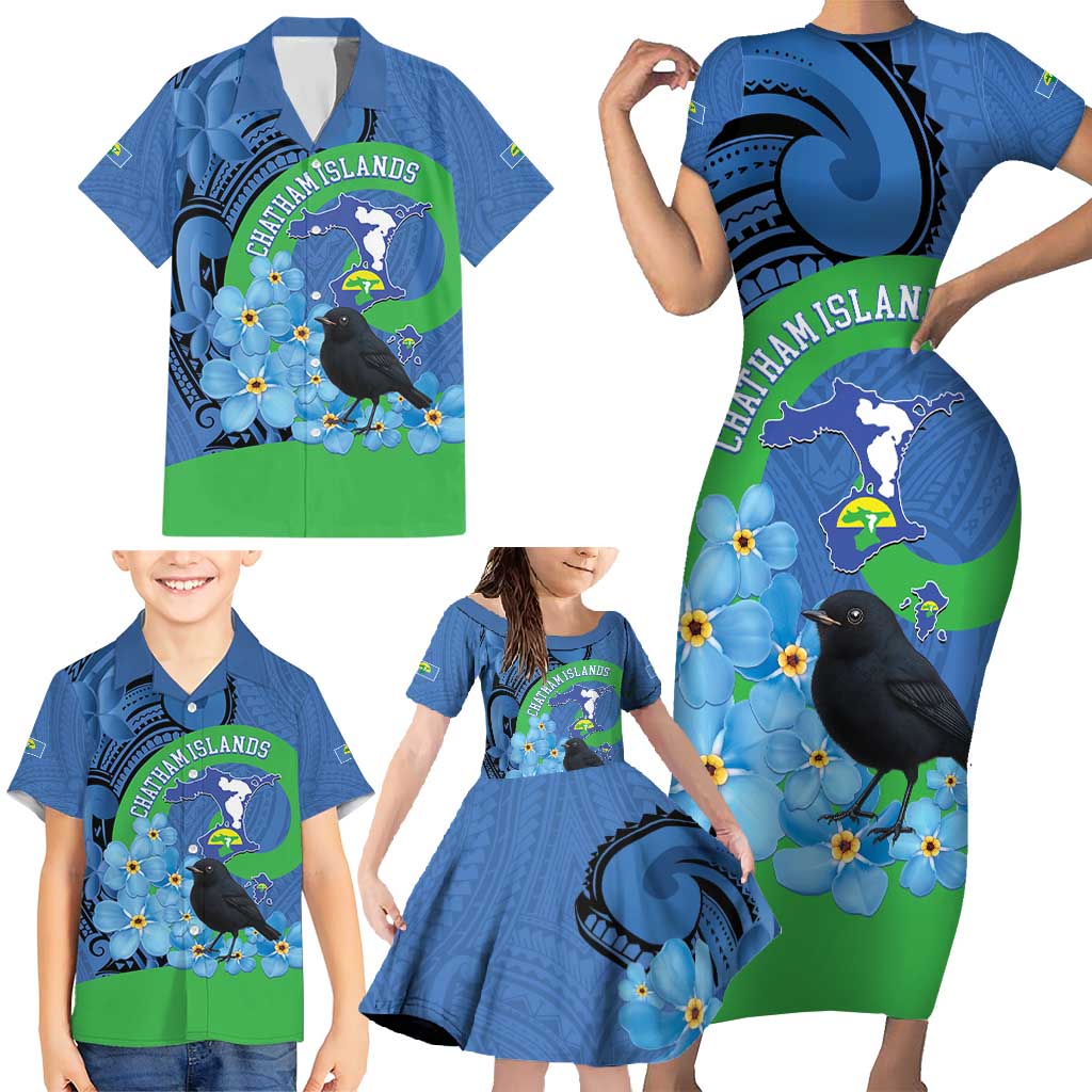 New Zealand Chatham Islands Family Matching Short Sleeve Bodycon Dress and Hawaiian Shirt Wharekauri Forget Me Not With Black Robin