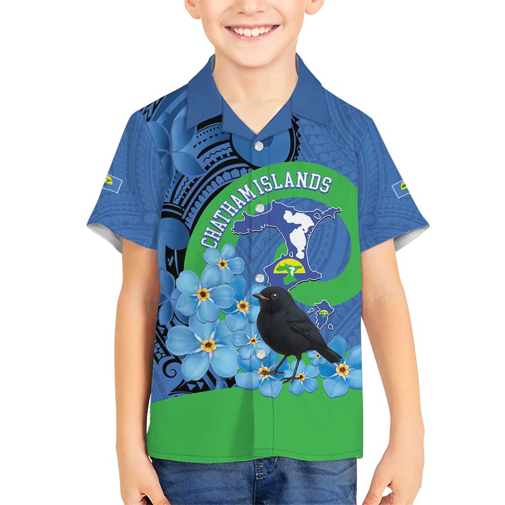 New Zealand Chatham Islands Family Matching Short Sleeve Bodycon Dress and Hawaiian Shirt Wharekauri Forget Me Not With Black Robin