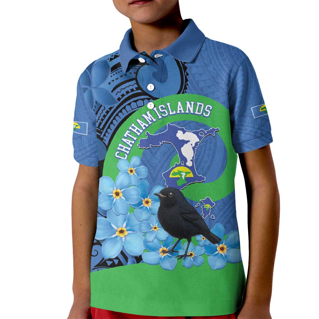 New Zealand Chatham Islands Kid Polo Shirt Wharekauri Forget Me Not With Black Robin