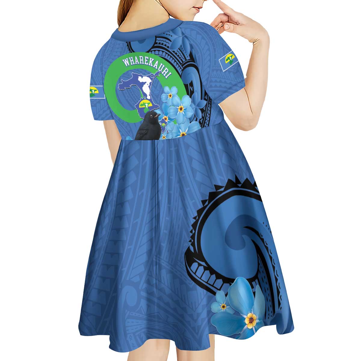 New Zealand Chatham Islands Kid Short Sleeve Dress Wharekauri Forget Me Not With Black Robin