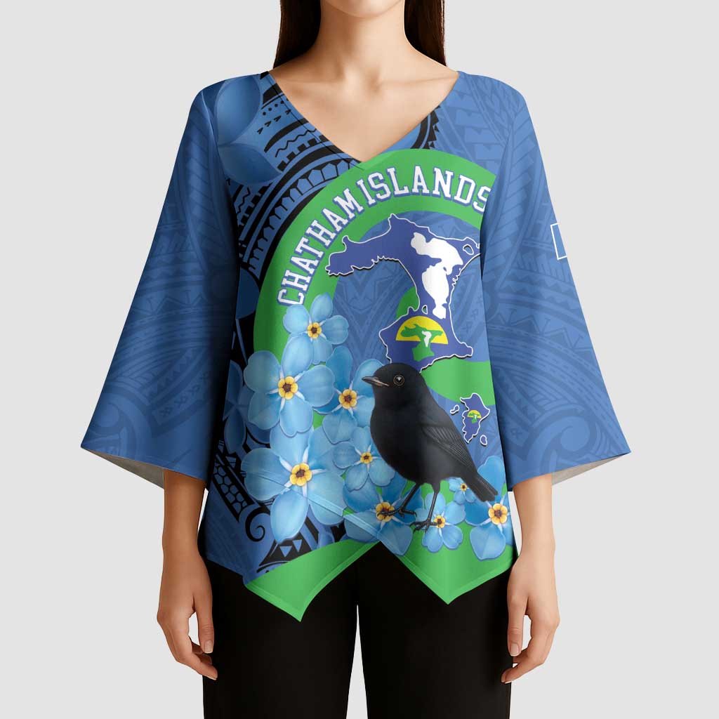 New Zealand Chatham Islands Kimono Sleeve Blouse Wharekauri Forget Me Not With Black Robin - Polynesian Pride