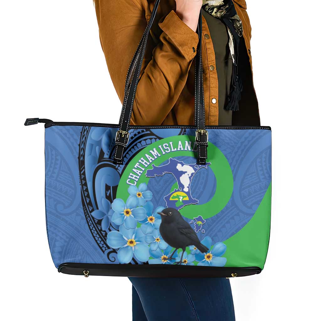 New Zealand Chatham Islands Leather Tote Bag Wharekauri Forget Me Not With Black Robin