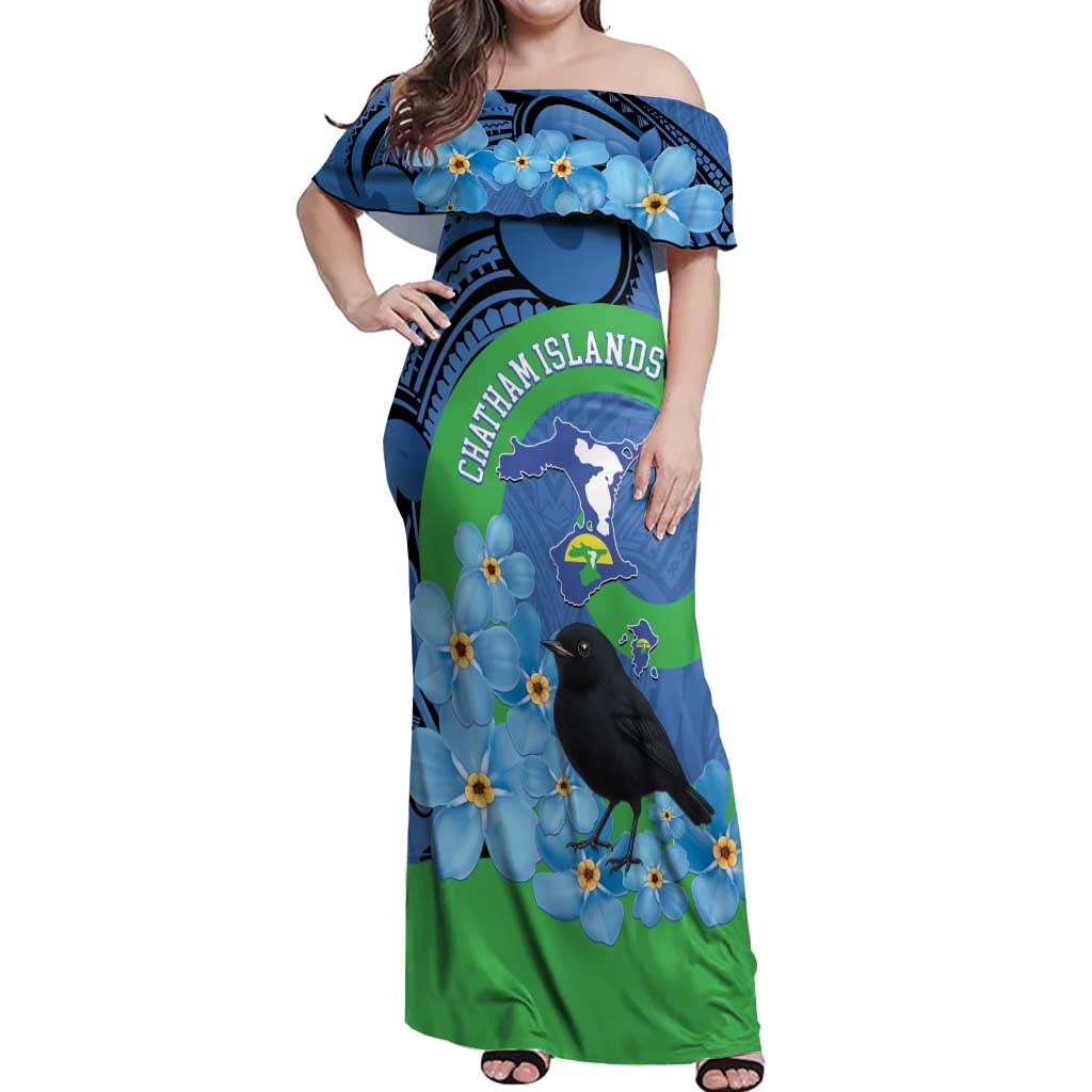 New Zealand Chatham Islands Off Shoulder Maxi Dress Wharekauri Forget Me Not With Black Robin LT14 Women Blue - Polynesian Pride