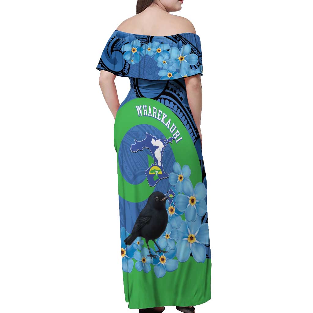 New Zealand Chatham Islands Off Shoulder Maxi Dress Wharekauri Forget Me Not With Black Robin LT14 - Polynesian Pride