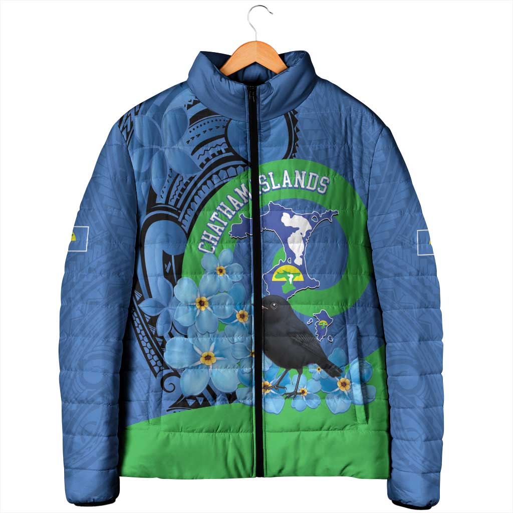New Zealand Chatham Islands Padded Jacket Wharekauri Forget Me Not With Black Robin - Polynesian Pride