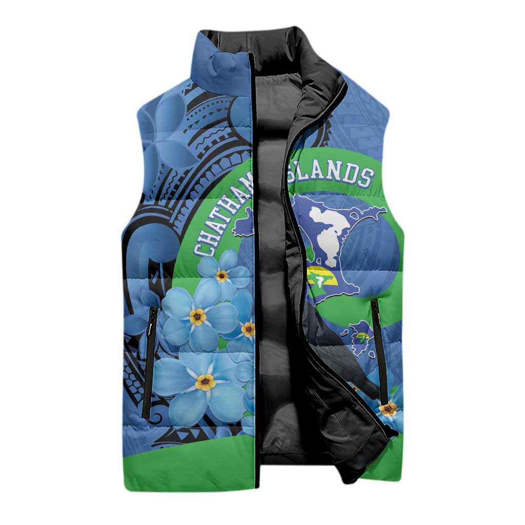 New Zealand Chatham Islands Sleeveless Puffer Jacket Wharekauri Forget Me Not With Black Robin - Polynesian Pride