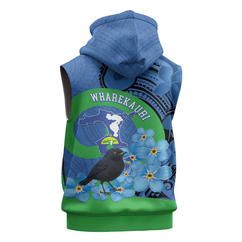 New Zealand Chatham Islands Sleeveless Zip Hoodie Wharekauri Forget Me Not With Black Robin - Polynesian Pride