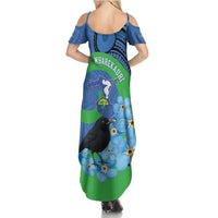 New Zealand Chatham Islands Summer Maxi Dress Wharekauri Forget Me Not With Black Robin