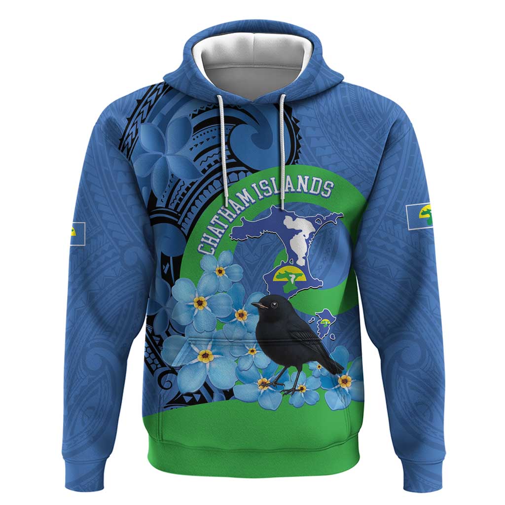 New Zealand Chatham Islands Zip Hoodie Wharekauri Forget Me Not With Black Robin