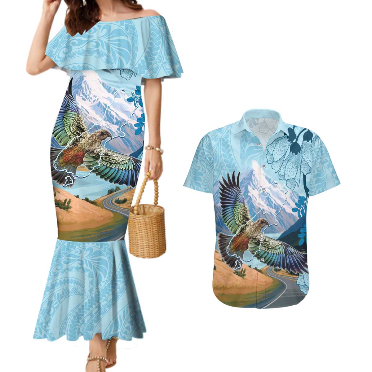 New Zealand South Island Couples Matching Mermaid Dress and Hawaiian Shirt Te Waipounamu Aoraki Kea Bird