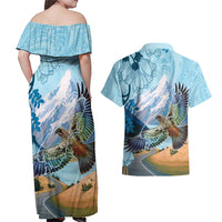New Zealand South Island Couples Matching Off Shoulder Maxi Dress and Hawaiian Shirt Te Waipounamu Aoraki Kea Bird