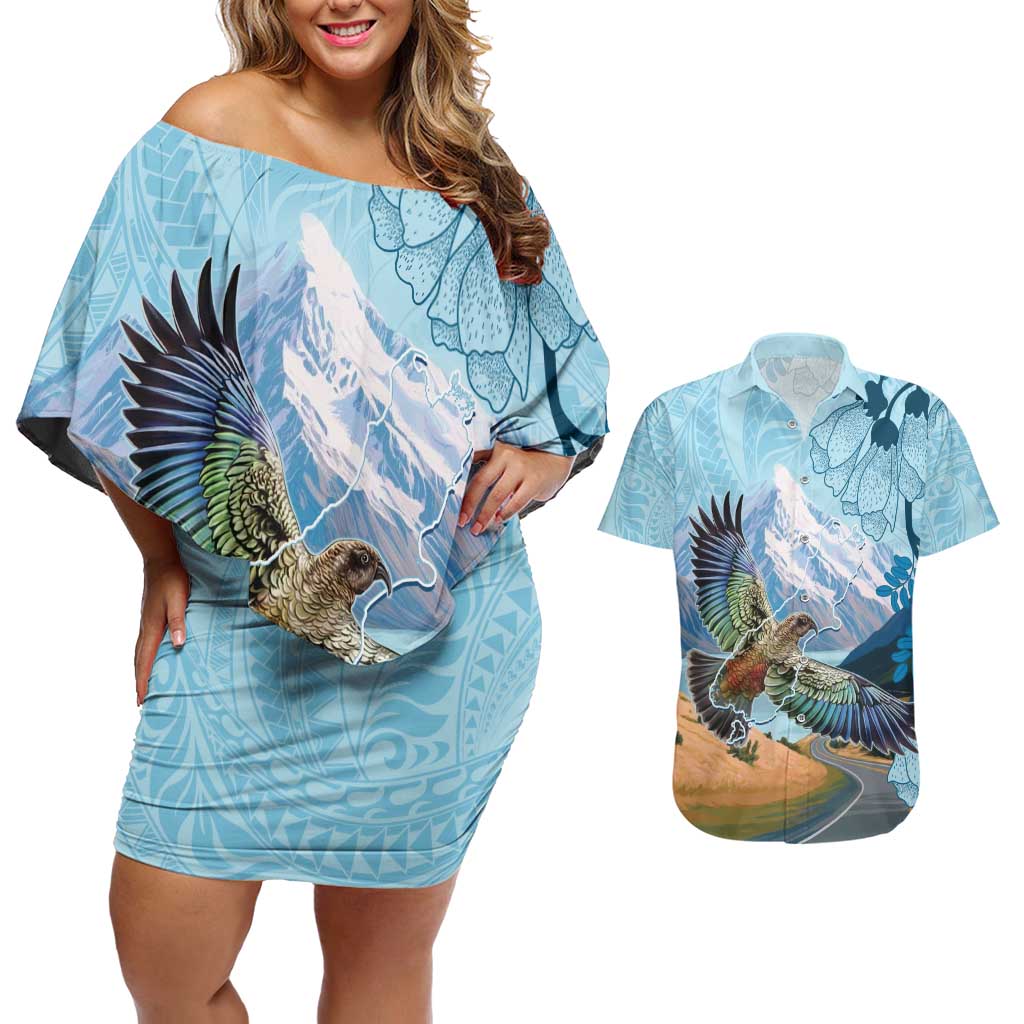 New Zealand South Island Couples Matching Off Shoulder Short Dress and Hawaiian Shirt Te Waipounamu Aoraki Kea Bird