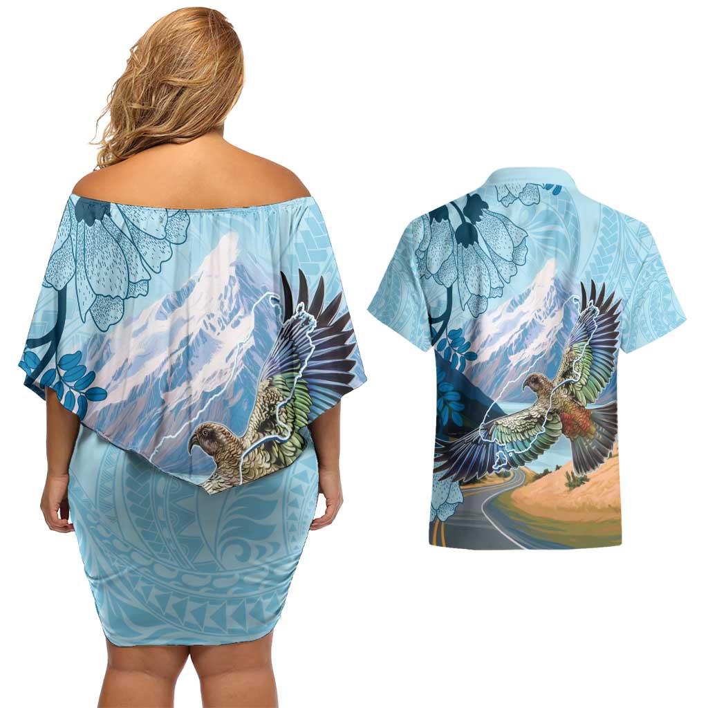 New Zealand South Island Couples Matching Off Shoulder Short Dress and Hawaiian Shirt Te Waipounamu Aoraki Kea Bird