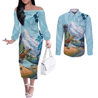 New Zealand South Island Couples Matching Off The Shoulder Long Sleeve Dress and Long Sleeve Button Shirt Te Waipounamu Aoraki Kea Bird