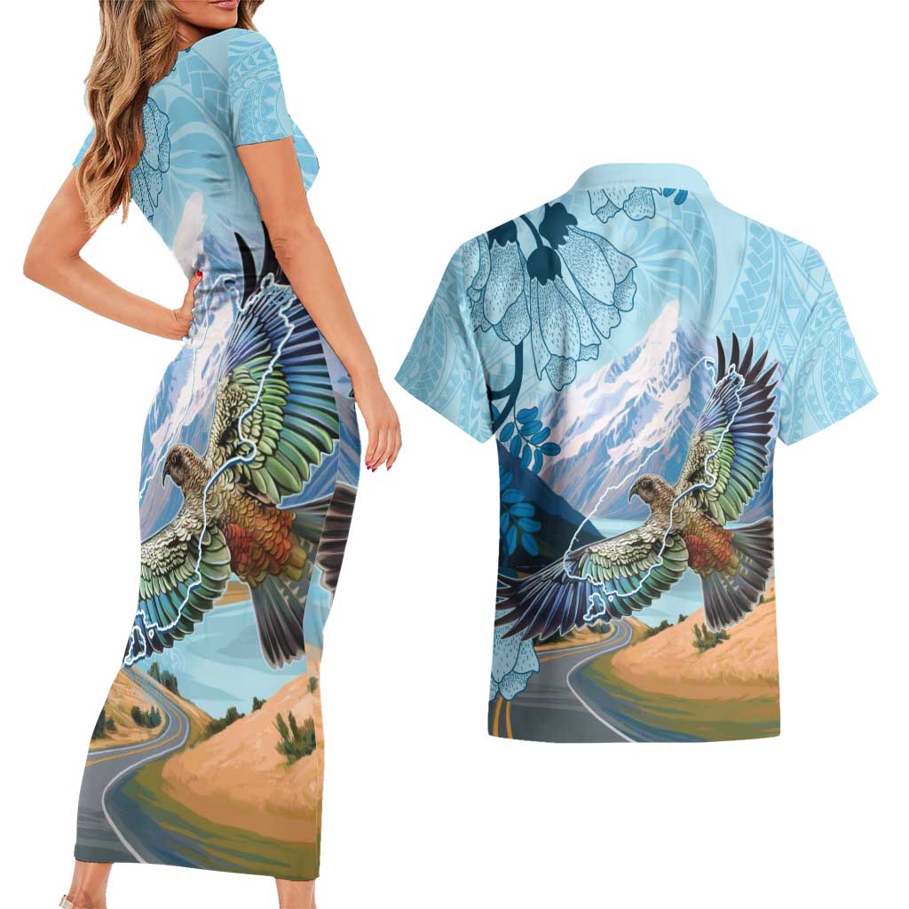 New Zealand South Island Couples Matching Short Sleeve Bodycon Dress and Hawaiian Shirt Te Waipounamu Aoraki Kea Bird