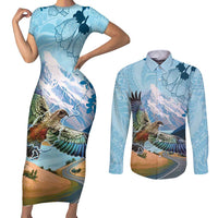 New Zealand South Island Couples Matching Short Sleeve Bodycon Dress and Long Sleeve Button Shirt Te Waipounamu Aoraki Kea Bird