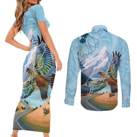 New Zealand South Island Couples Matching Short Sleeve Bodycon Dress and Long Sleeve Button Shirt Te Waipounamu Aoraki Kea Bird