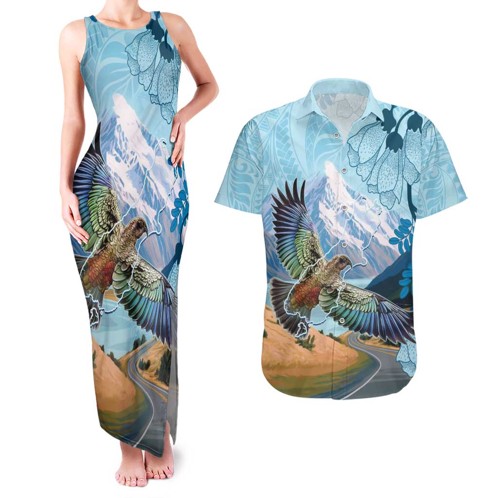 New Zealand South Island Couples Matching Tank Maxi Dress and Hawaiian Shirt Te Waipounamu Aoraki Kea Bird