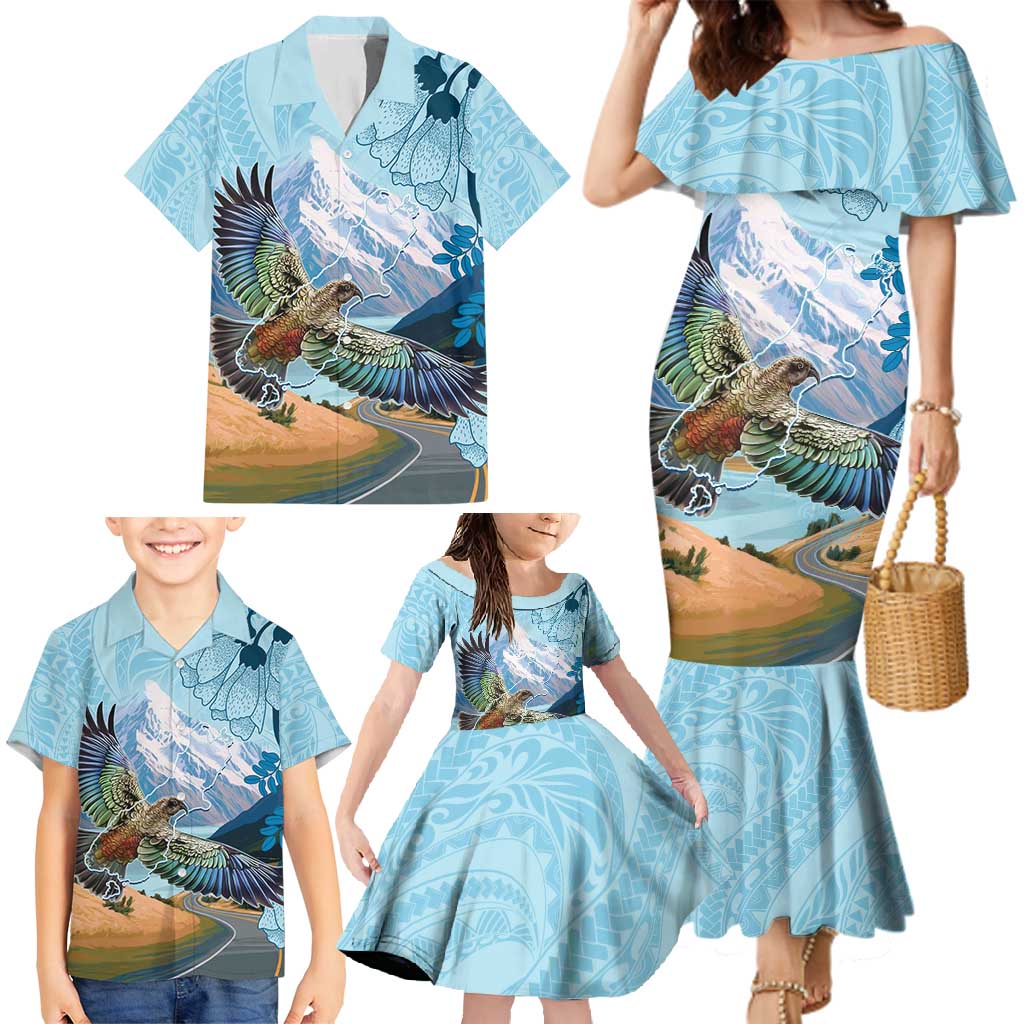 New Zealand South Island Family Matching Mermaid Dress and Hawaiian Shirt Te Waipounamu Aoraki Kea Bird