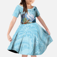 New Zealand South Island Family Matching Off The Shoulder Long Sleeve Dress and Hawaiian Shirt Te Waipounamu Aoraki Kea Bird LT14 Daughter's Dress Blue - Polynesian Pride
