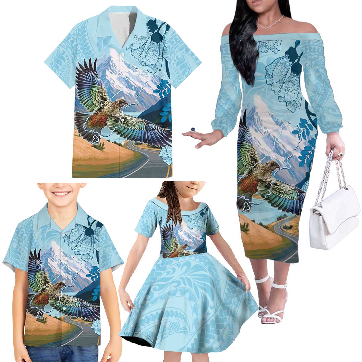 New Zealand South Island Family Matching Off The Shoulder Long Sleeve Dress and Hawaiian Shirt Te Waipounamu Aoraki Kea Bird LT14 - Polynesian Pride