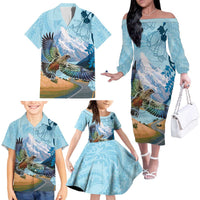 New Zealand South Island Family Matching Off The Shoulder Long Sleeve Dress and Hawaiian Shirt Te Waipounamu Aoraki Kea Bird LT14 - Polynesian Pride