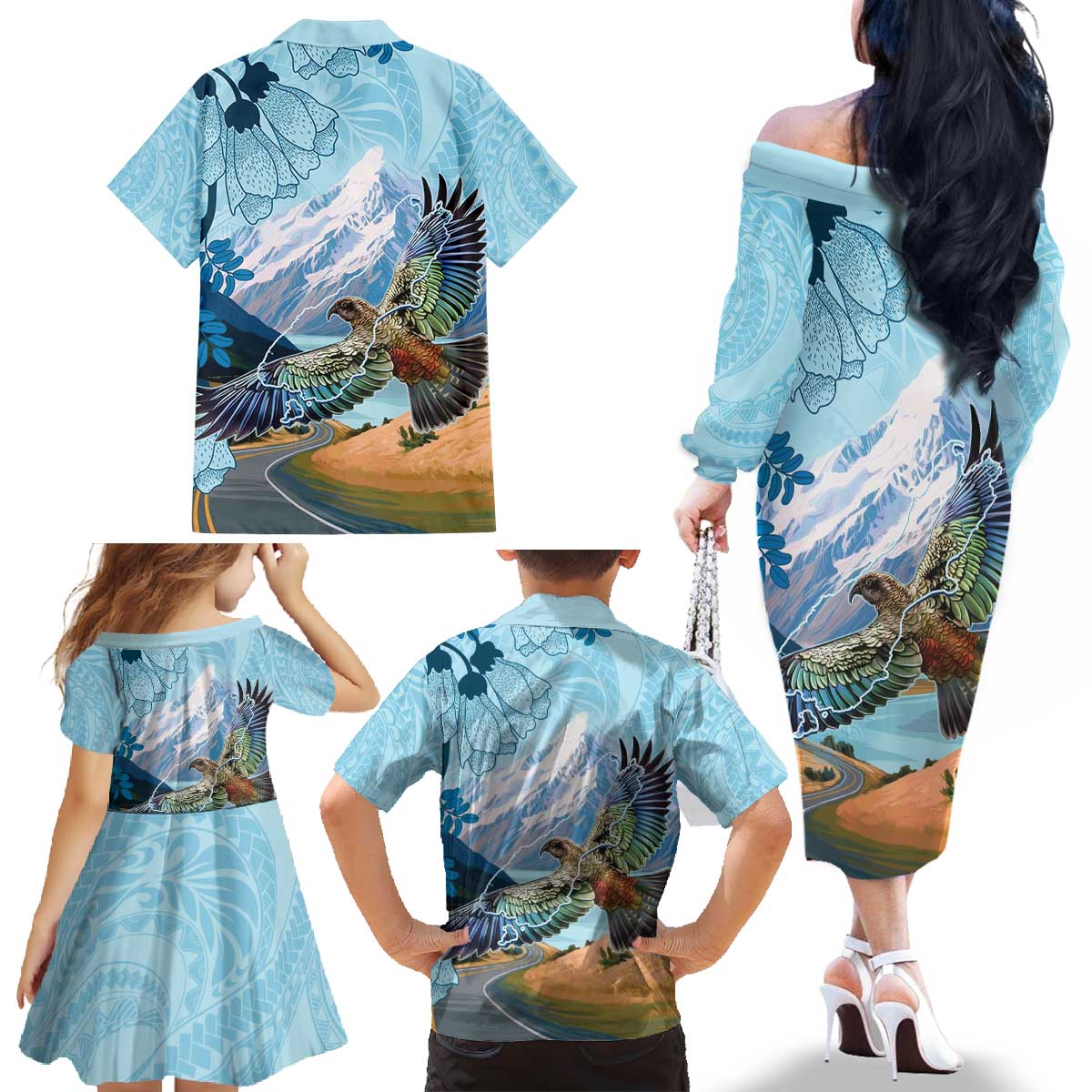 New Zealand South Island Family Matching Off The Shoulder Long Sleeve Dress and Hawaiian Shirt Te Waipounamu Aoraki Kea Bird LT14 - Polynesian Pride