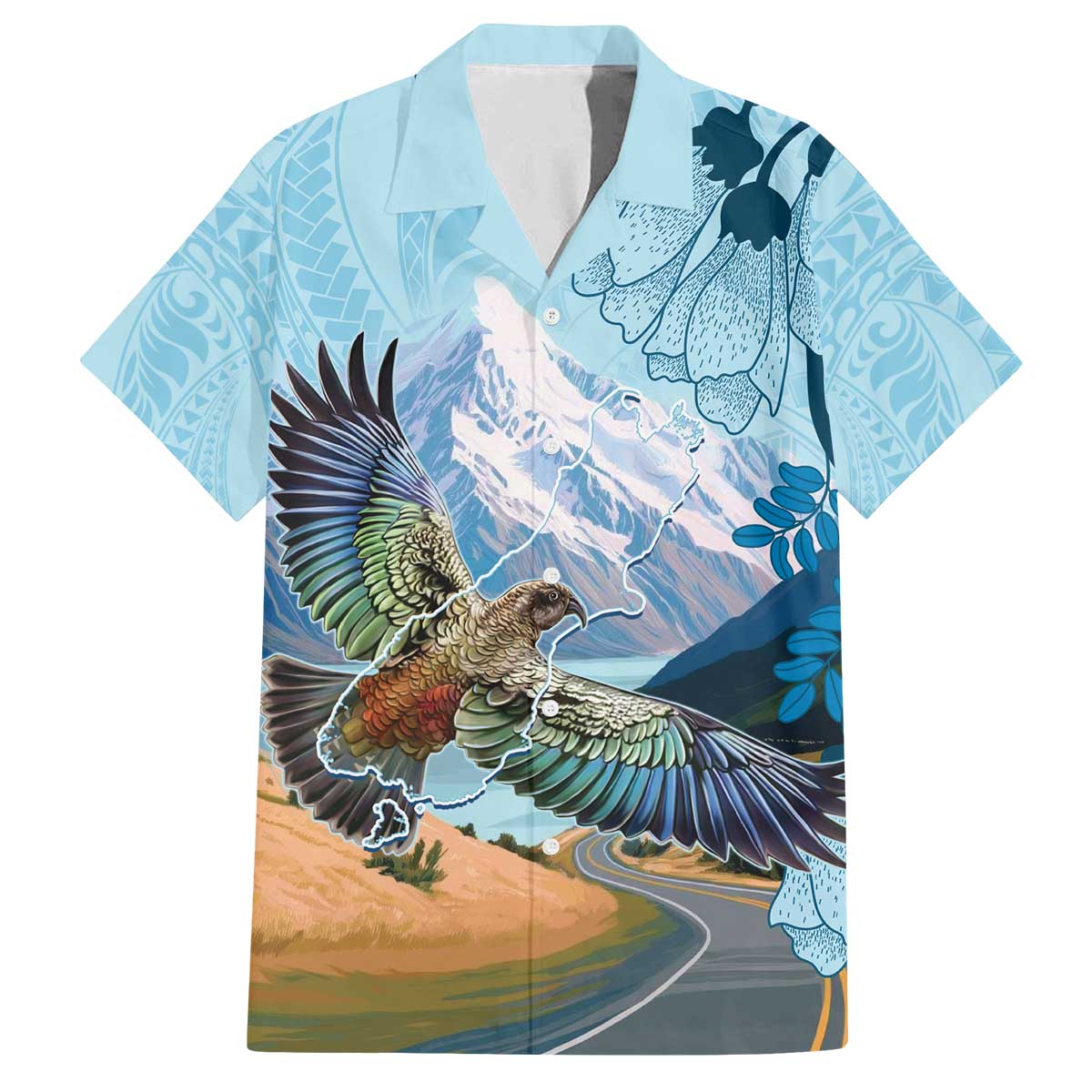 New Zealand South Island Family Matching Off The Shoulder Long Sleeve Dress and Hawaiian Shirt Te Waipounamu Aoraki Kea Bird LT14 Dad's Shirt - Short Sleeve Blue - Polynesian Pride