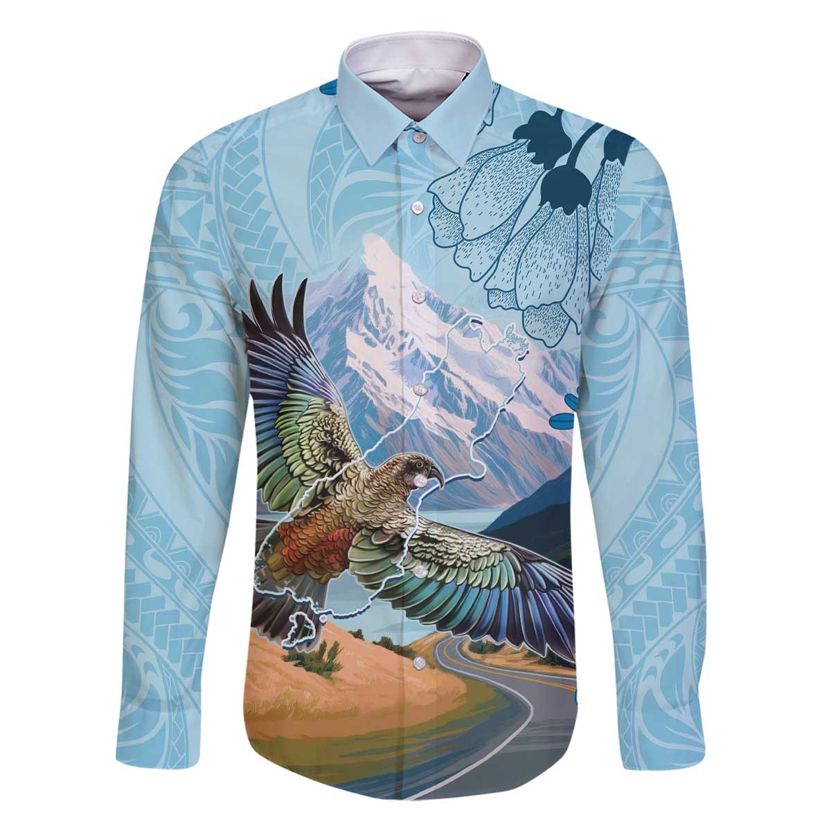 New Zealand South Island Family Matching Off The Shoulder Long Sleeve Dress and Hawaiian Shirt Te Waipounamu Aoraki Kea Bird LT14 Dad's Shirt - Long Sleeve Blue - Polynesian Pride