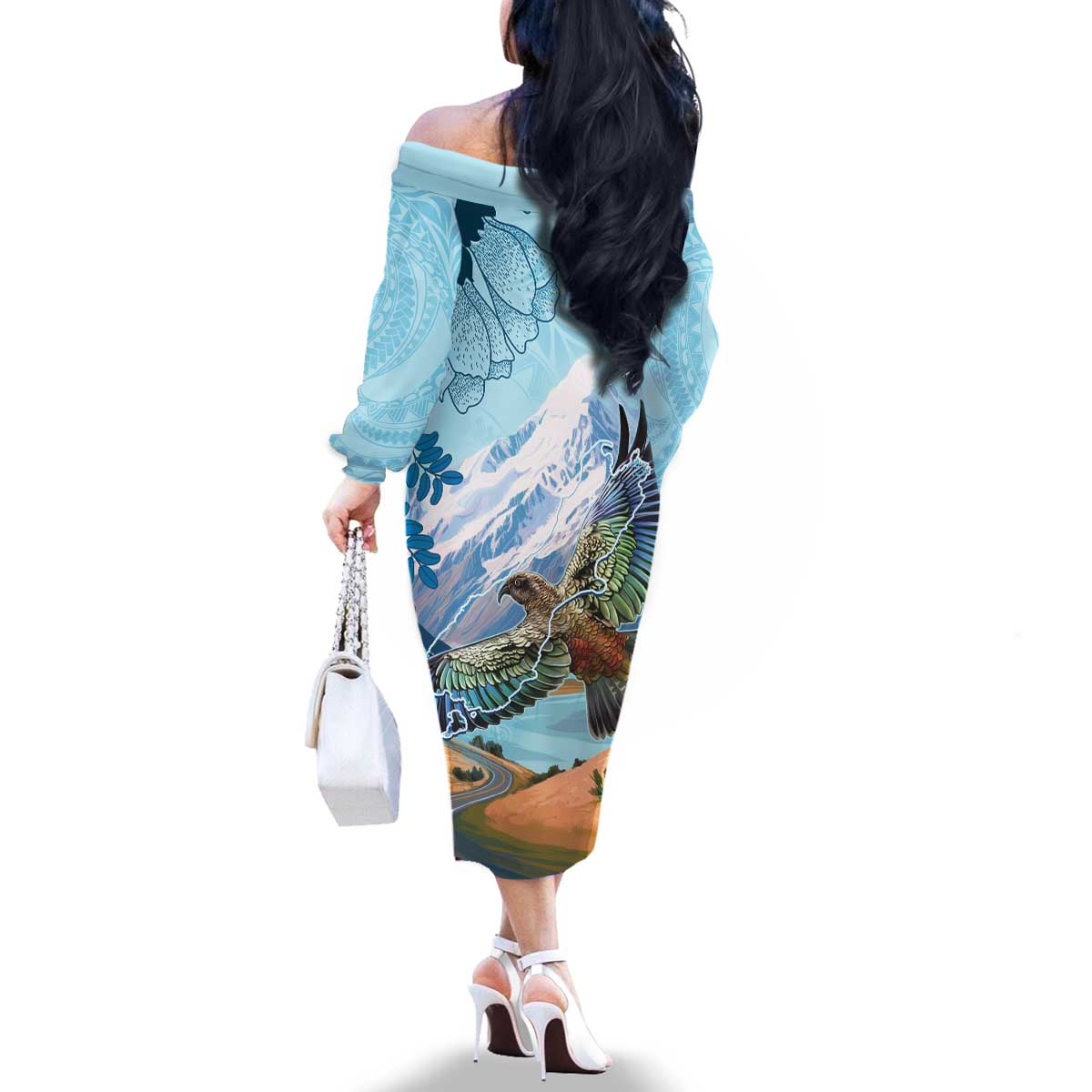 New Zealand South Island Family Matching Off The Shoulder Long Sleeve Dress and Hawaiian Shirt Te Waipounamu Aoraki Kea Bird LT14 - Polynesian Pride