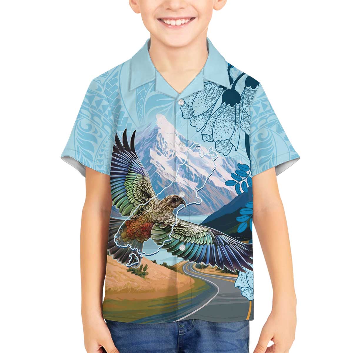 New Zealand South Island Family Matching Off The Shoulder Long Sleeve Dress and Hawaiian Shirt Te Waipounamu Aoraki Kea Bird LT14 Son's Shirt Blue - Polynesian Pride