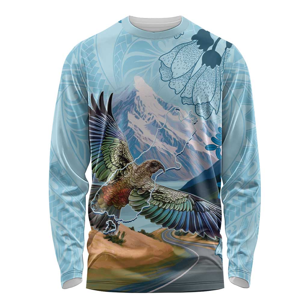 New Zealand South Island Long Sleeve Shirt Te Waipounamu Aoraki Kea Bird LT14 Unisex Blue - Polynesian Pride