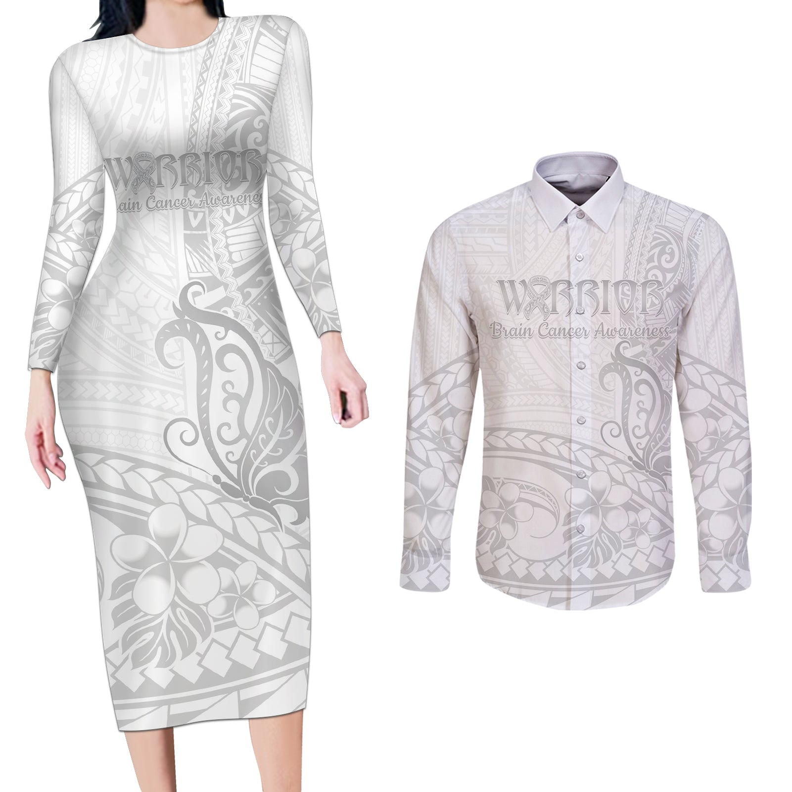 Polynesia Brain Cancer Awareness Couples Matching Long Sleeve Bodycon Dress and Long Sleeve Button Shirt In May We Wear Grey