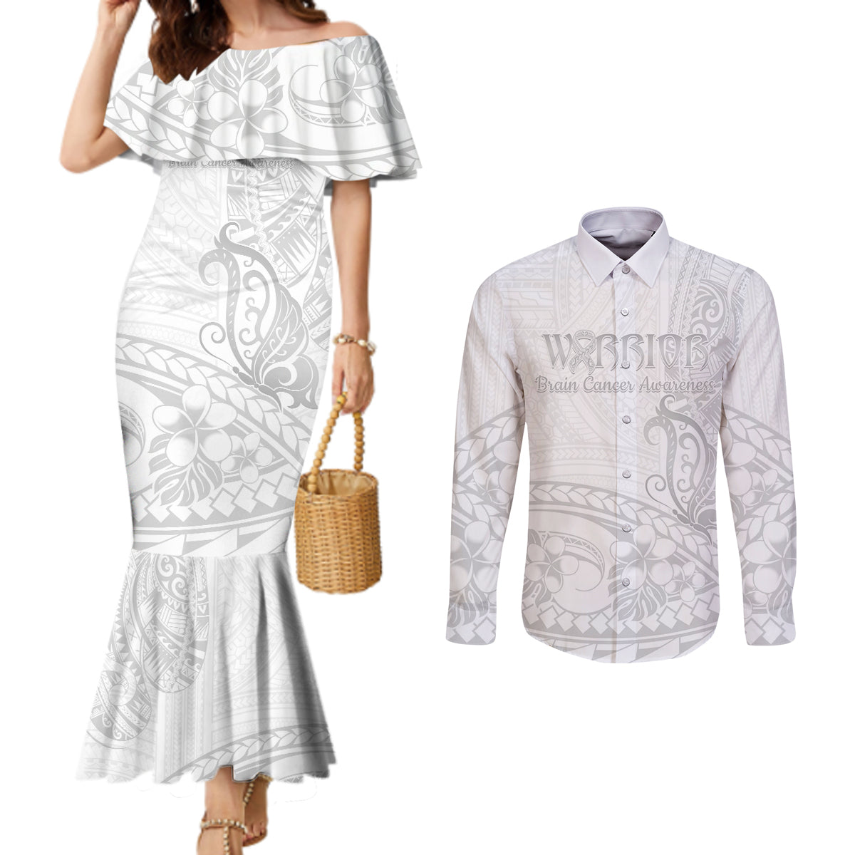 Polynesia Brain Cancer Awareness Couples Matching Mermaid Dress and Long Sleeve Button Shirt In May We Wear Grey