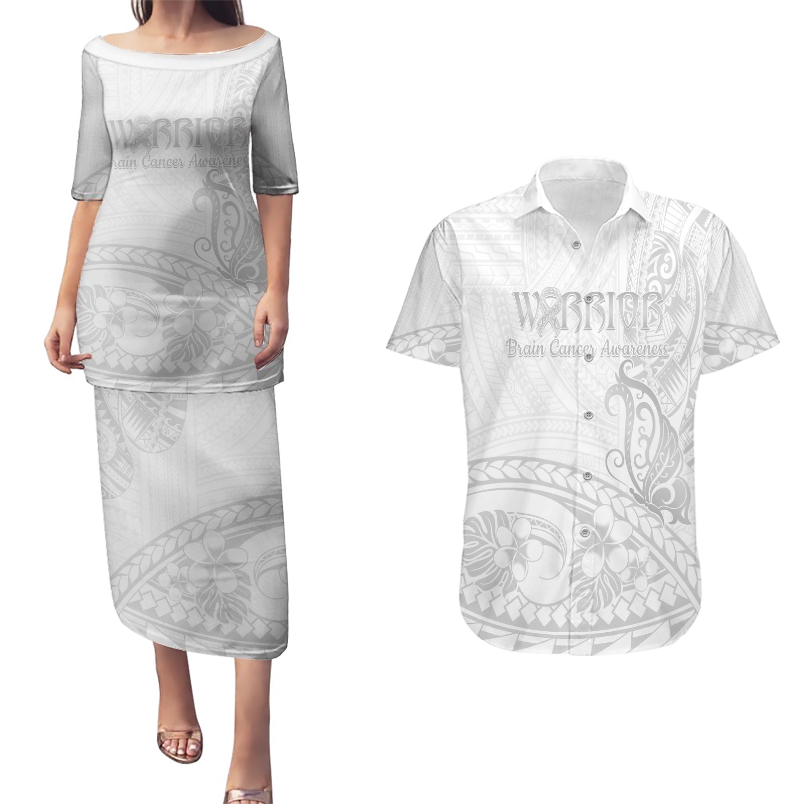 Polynesia Brain Cancer Awareness Couples Matching Puletasi and Hawaiian Shirt In May We Wear Grey