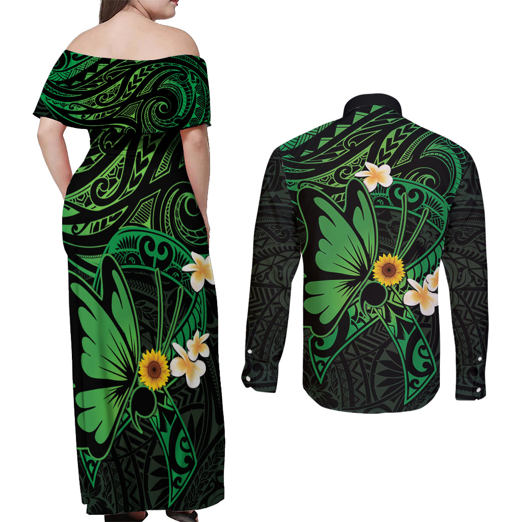 Polynesia Mental Health Awareness Couples Matching Off Shoulder Maxi Dress and Long Sleeve Button Shirt Green Ribbon Be Kind To Your Mind