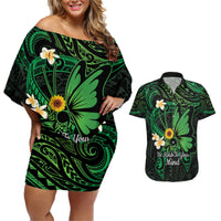 Polynesia Mental Health Awareness Couples Matching Off Shoulder Short Dress and Hawaiian Shirt Green Ribbon Be Kind To Your Mind