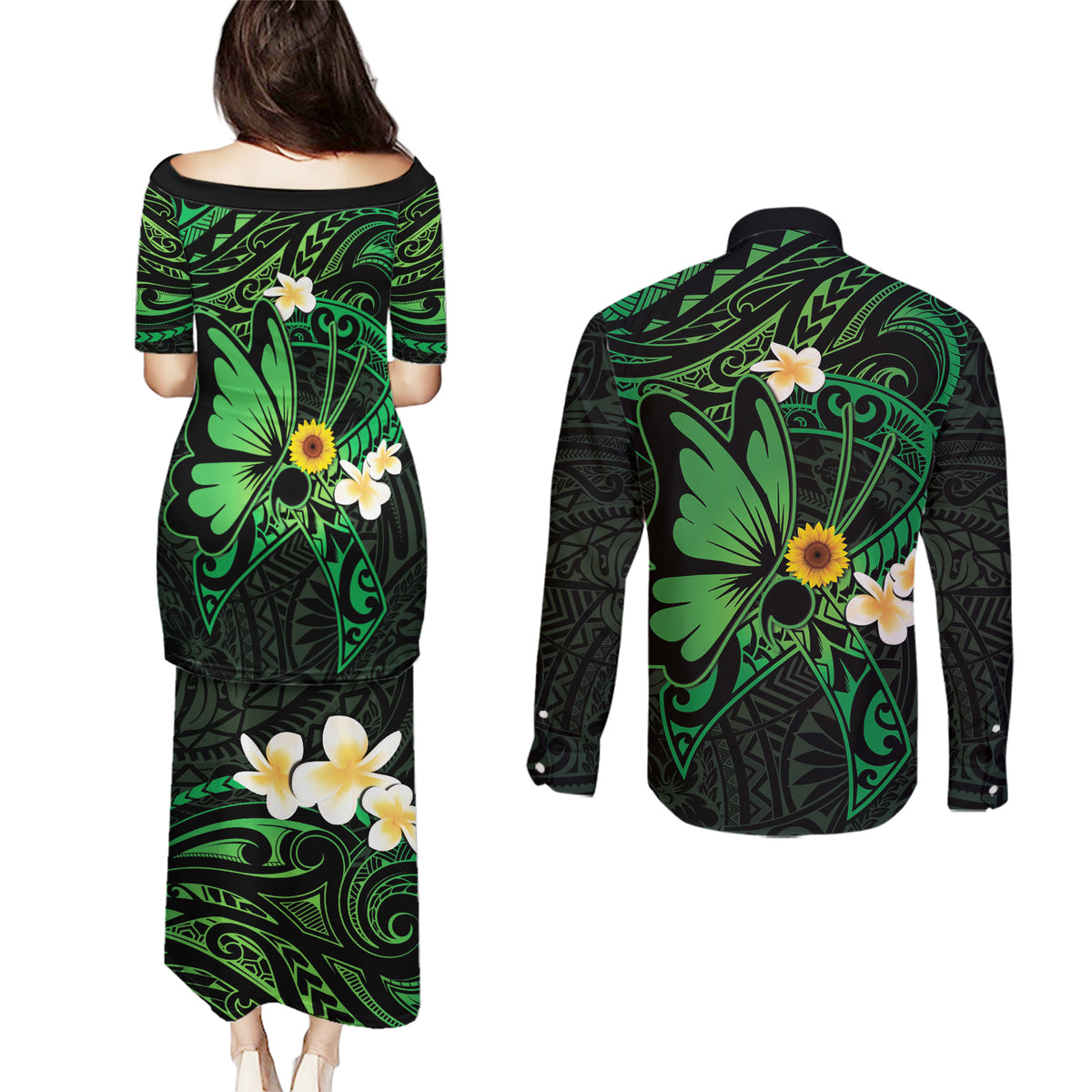 Polynesia Mental Health Awareness Couples Matching Puletasi and Long Sleeve Button Shirt Green Ribbon Be Kind To Your Mind