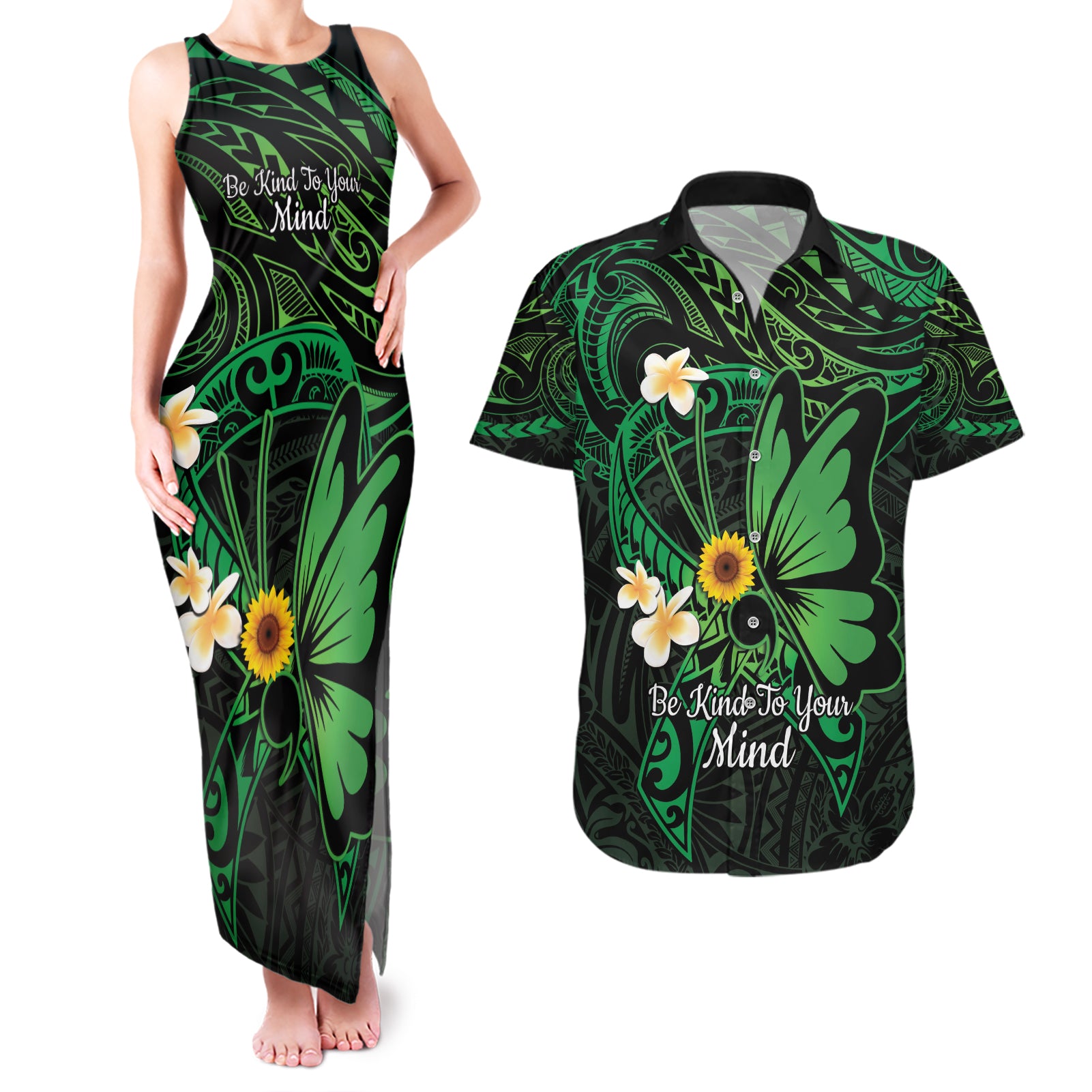 Polynesia Mental Health Awareness Couples Matching Tank Maxi Dress and Hawaiian Shirt Green Ribbon Be Kind To Your Mind