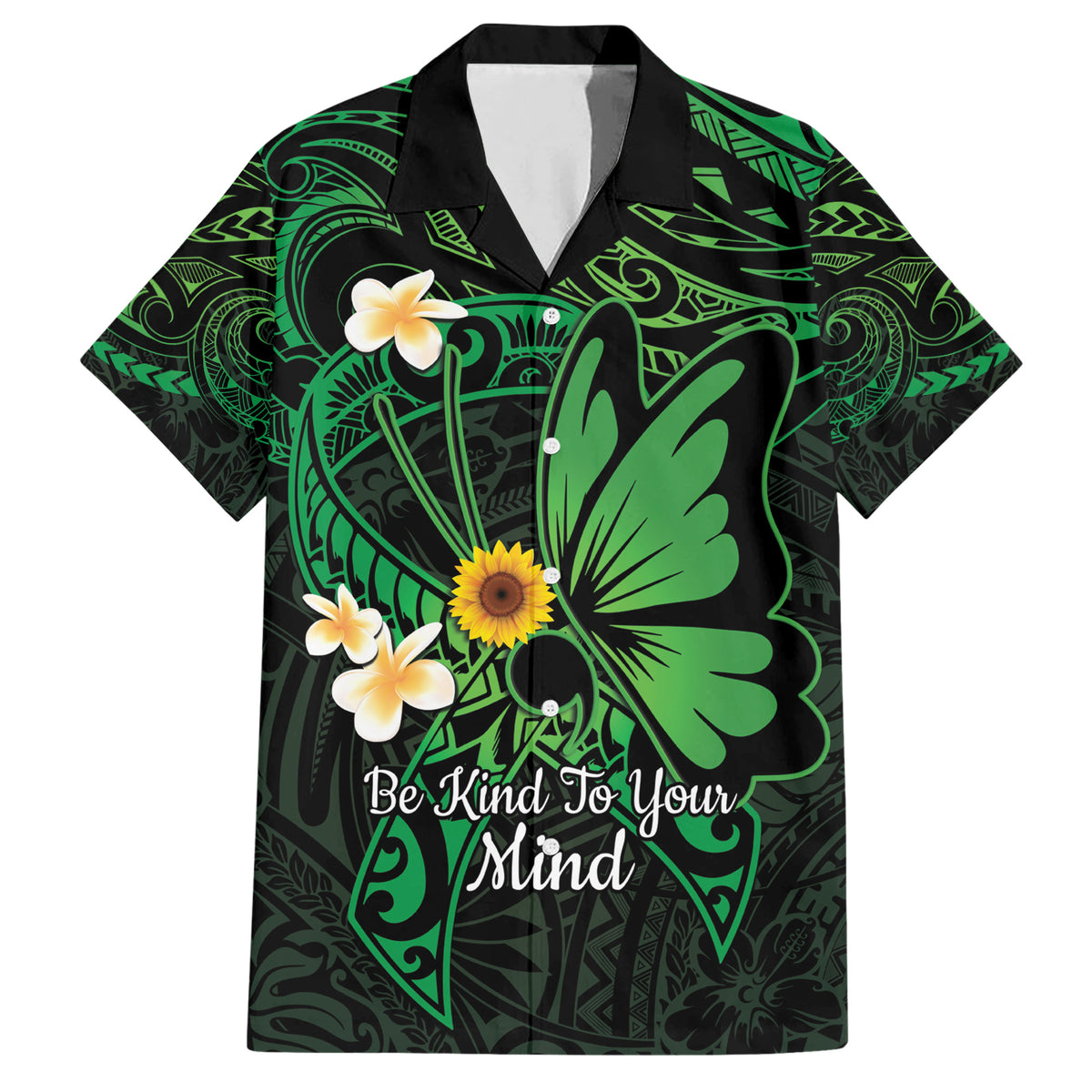 Polynesia Mental Health Awareness Family Matching Short Sleeve Bodycon Dress and Hawaiian Shirt Green Ribbon Be Kind To Your Mind