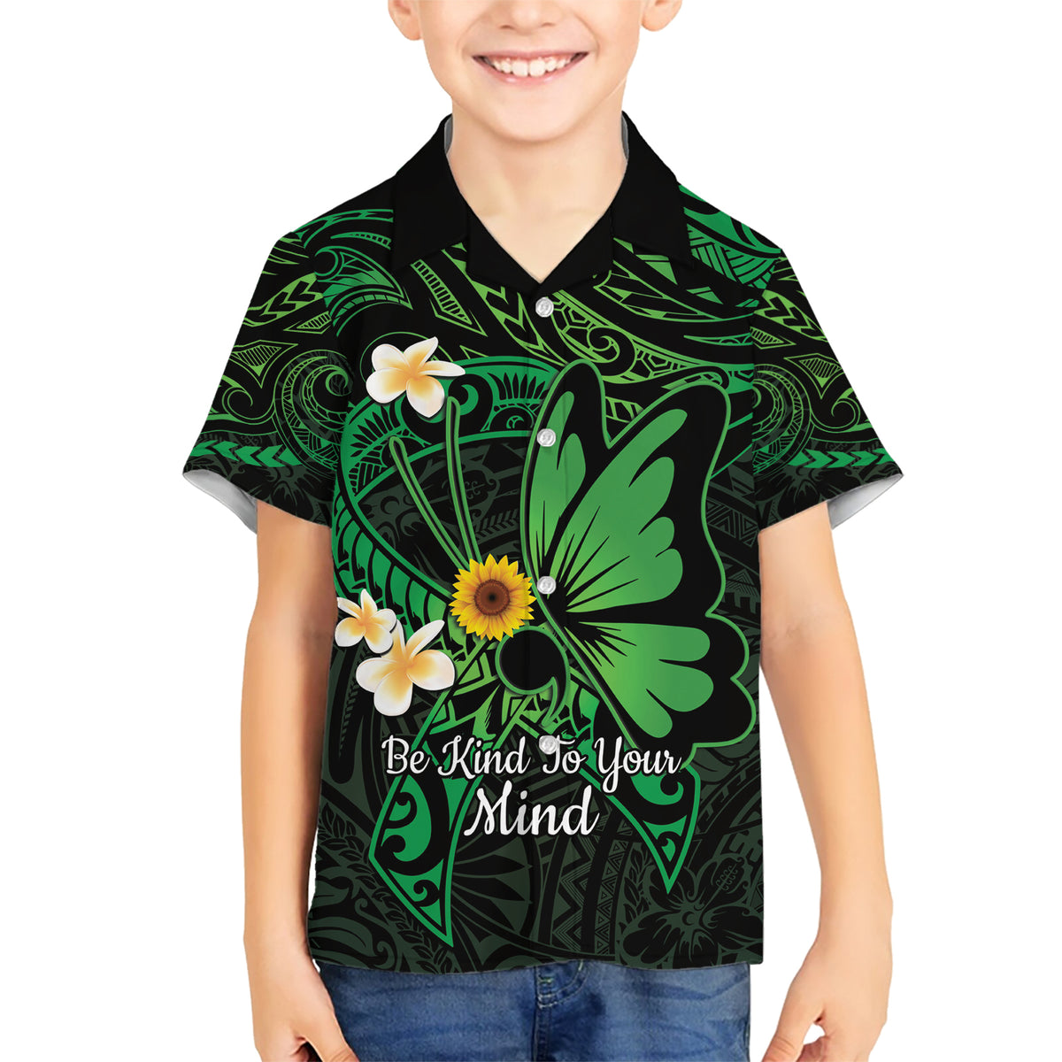 Polynesia Mental Health Awareness Family Matching Short Sleeve Bodycon Dress and Hawaiian Shirt Green Ribbon Be Kind To Your Mind