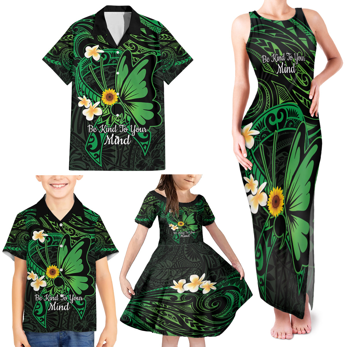 Polynesia Mental Health Awareness Family Matching Tank Maxi Dress and Hawaiian Shirt Green Ribbon Be Kind To Your Mind