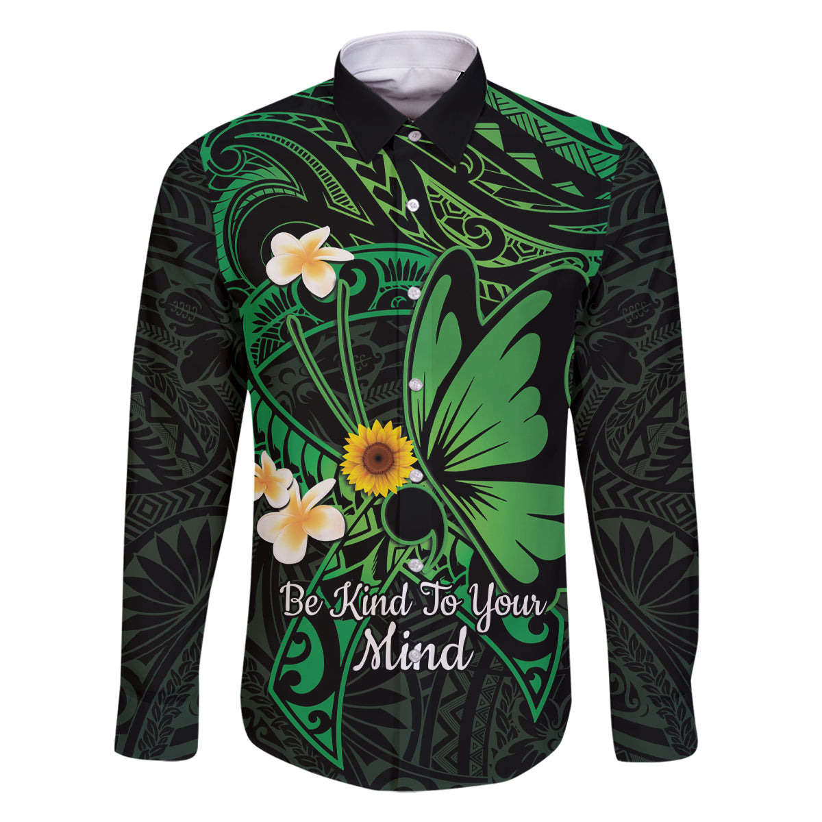 Polynesia Mental Health Awareness Family Matching Tank Maxi Dress and Hawaiian Shirt Green Ribbon Be Kind To Your Mind