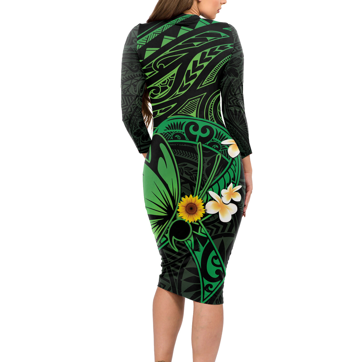 Polynesia Mental Health Awareness Long Sleeve Bodycon Dress Green Ribbon Be Kind To Your Mind