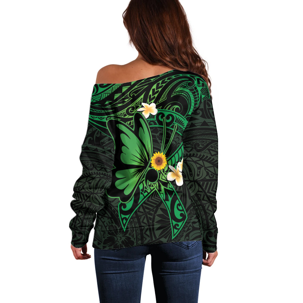 Polynesia Mental Health Awareness Off Shoulder Sweater Green Ribbon Be Kind To Your Mind