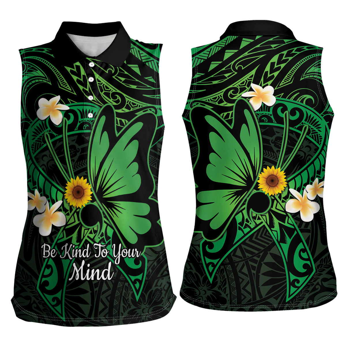 Polynesia Mental Health Awareness Women Sleeveless Polo Shirt Green Ribbon Be Kind To Your Mind