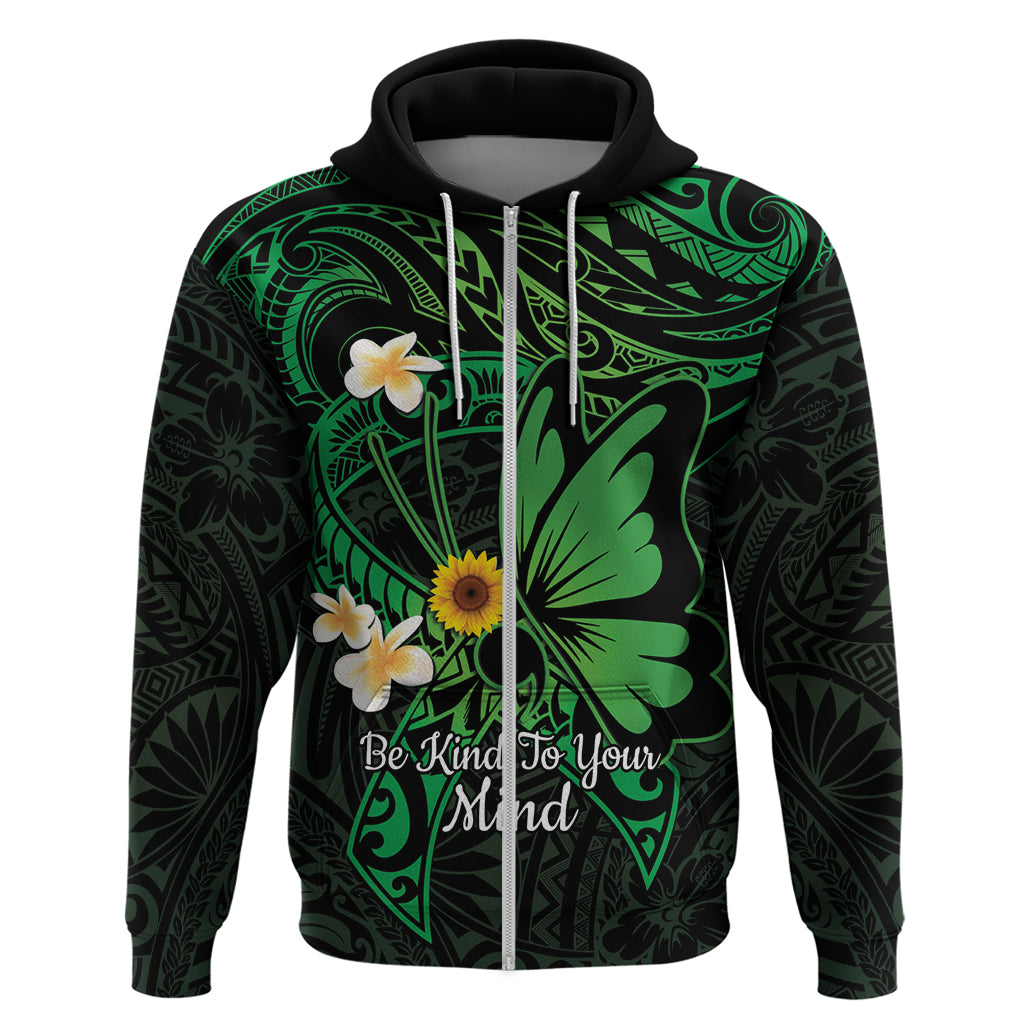 Polynesia Mental Health Awareness Zip Hoodie Green Ribbon Be Kind To Your Mind