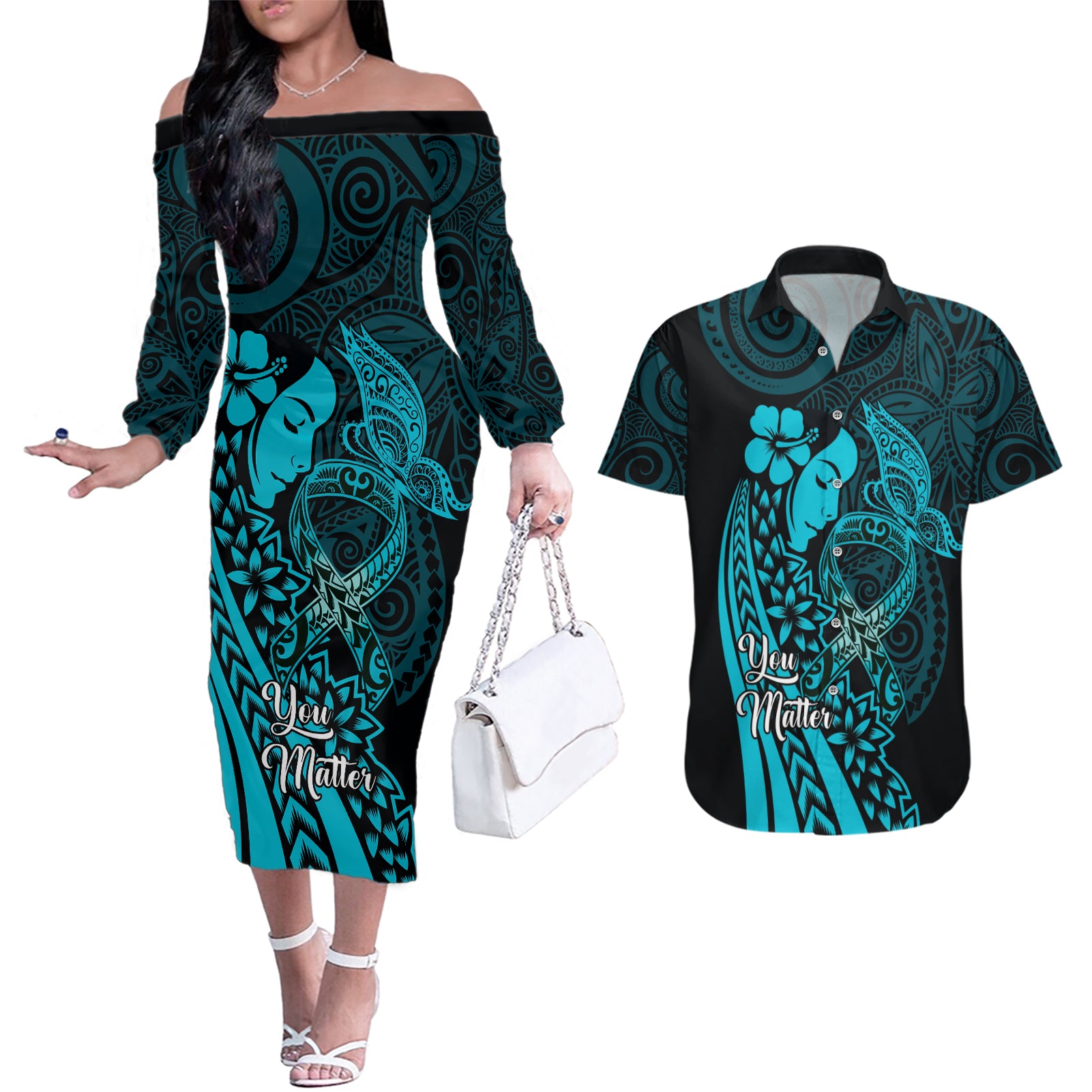Polynesia World Ovarian Cancer Day Couples Matching Off The Shoulder Long Sleeve Dress and Hawaiian Shirt You Matter Polynesian Women